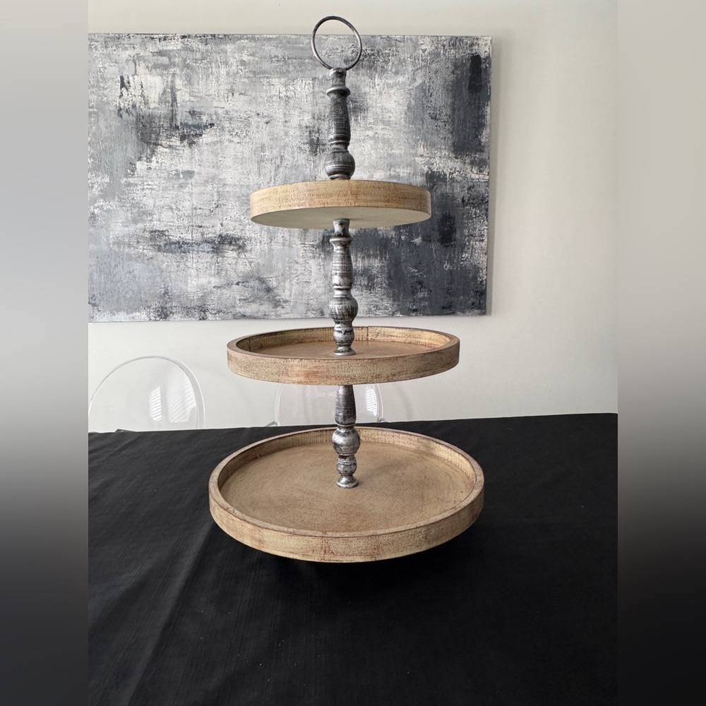 Canvas Natural Wood and Silver Tiered Tray
